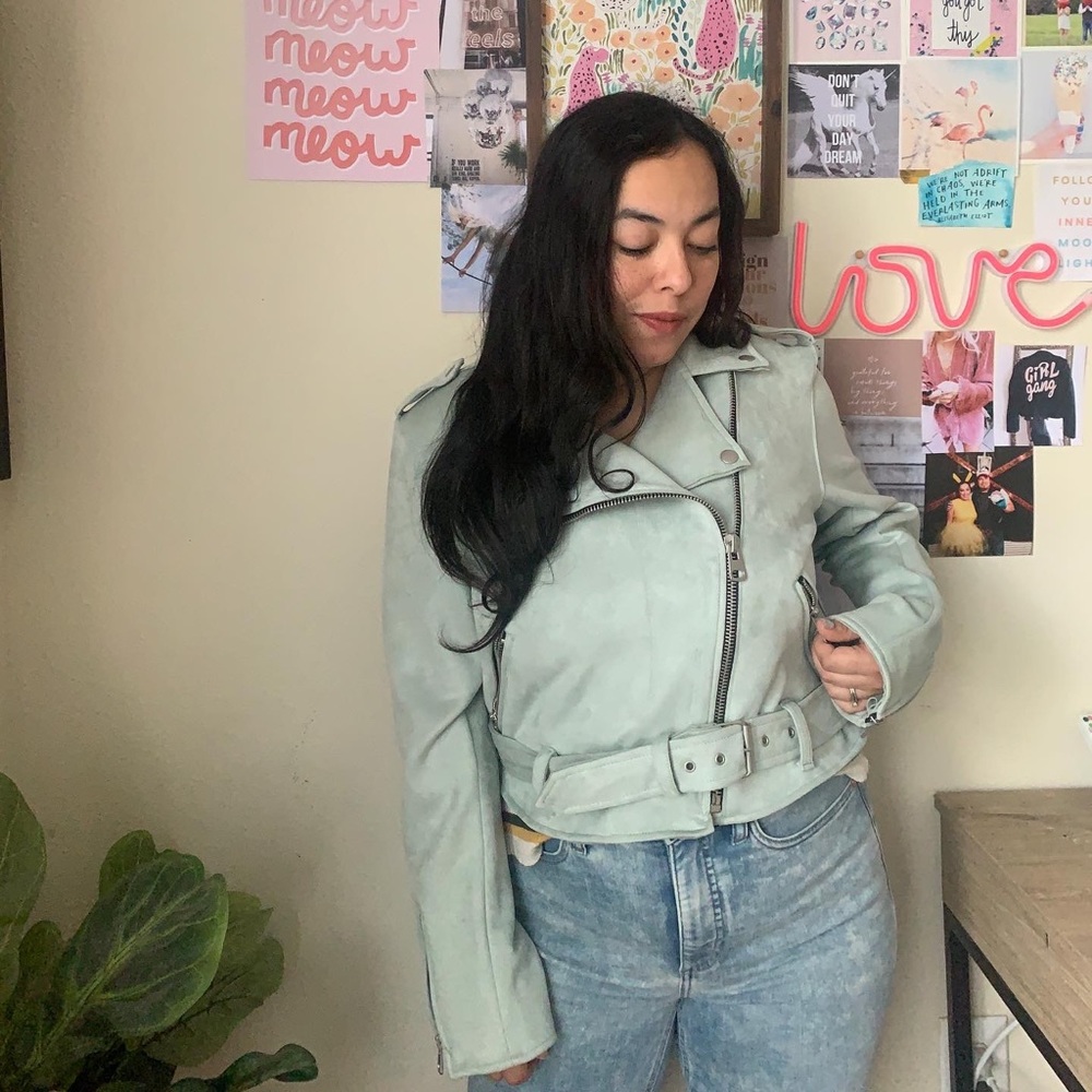 Light Blue Suede Moto Jacket - image 4